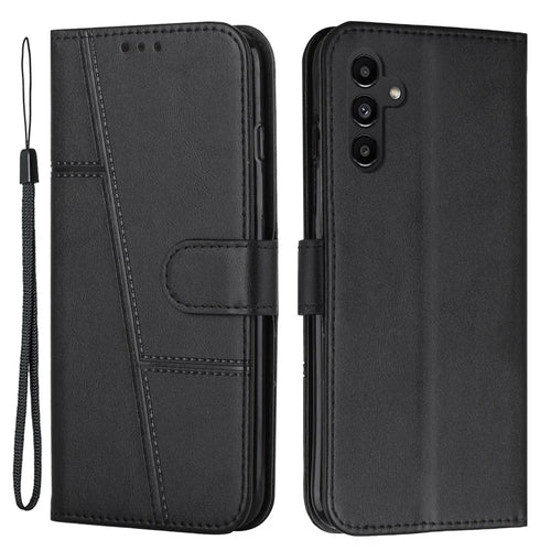 Magnetic Clasp Foldable Stand Phone Cover for Samsung Galaxy A34 5G, Imprinted Stitching Line PU Leather Wallet Phone Case with Strap - Black - 1