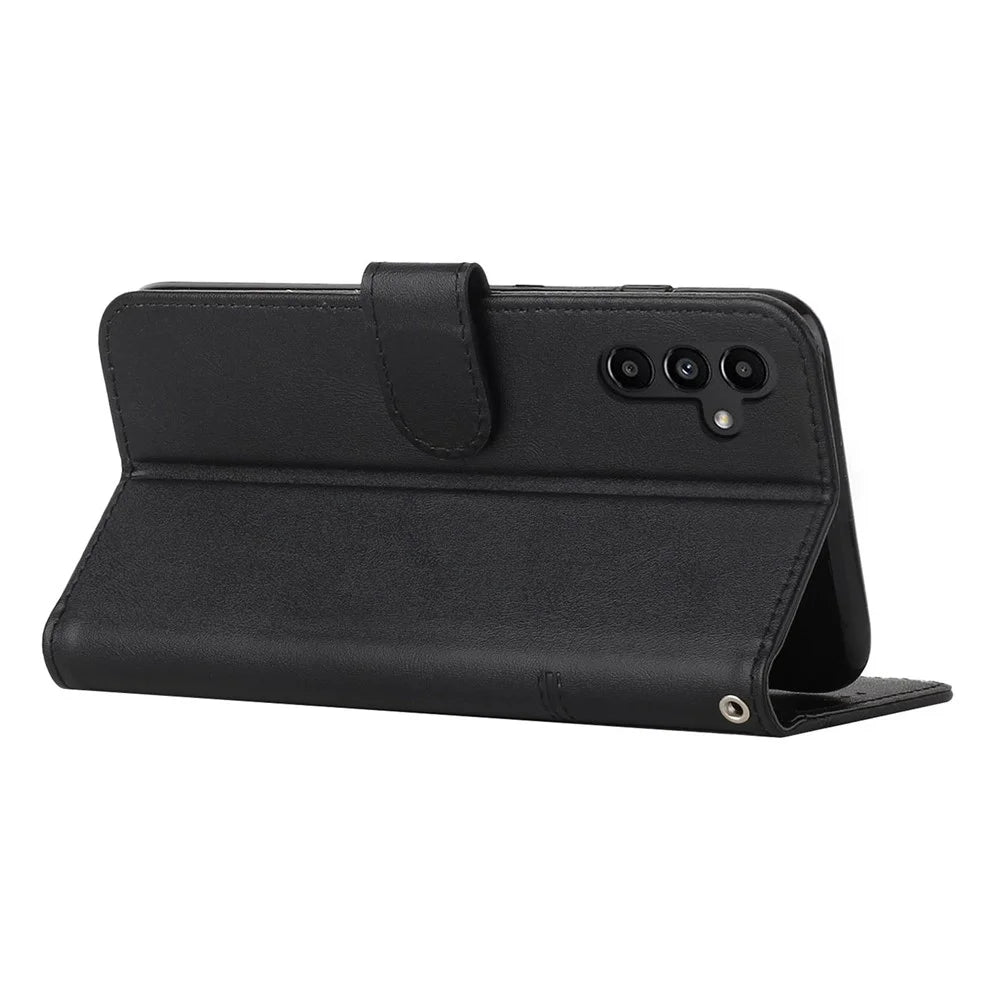 Magnetic Clasp Foldable Stand Phone Cover for Samsung Galaxy A34 5G, Imprinted Stitching Line PU Leather Wallet Phone Case with Strap - Black - 3