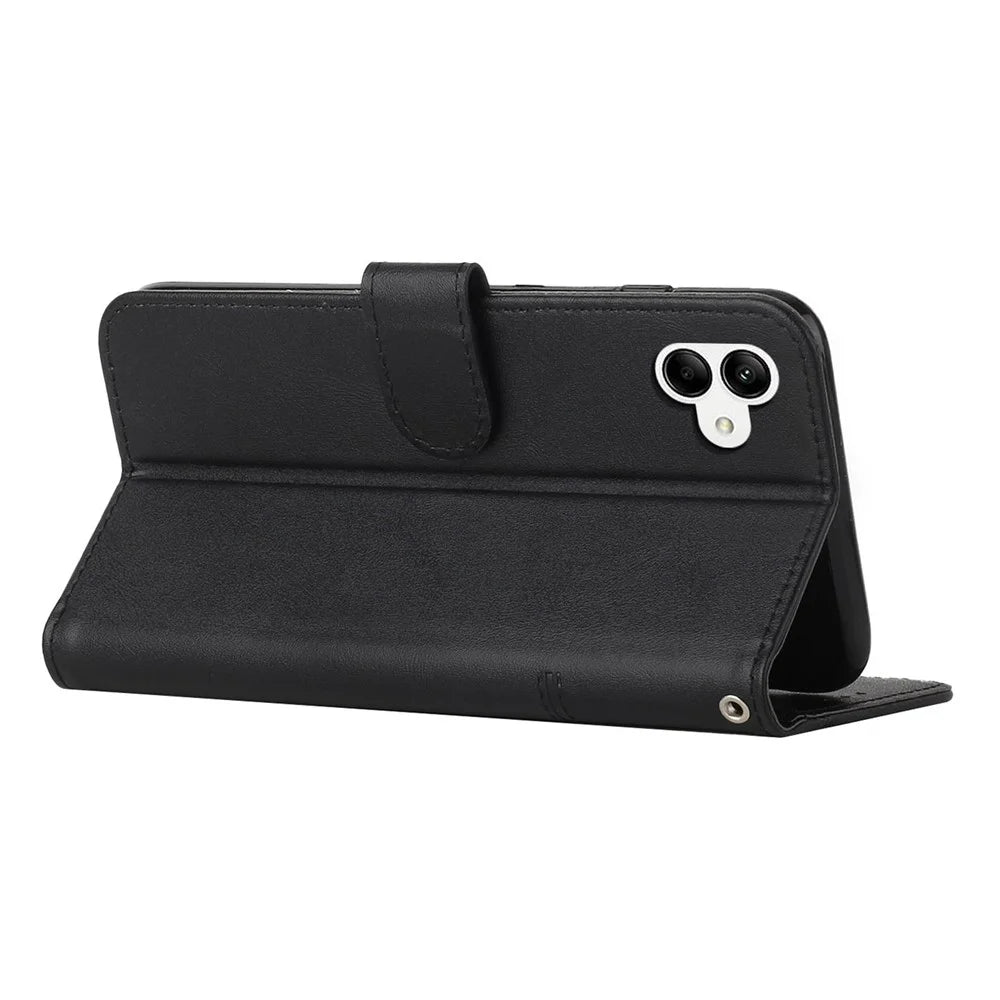 For Samsung Galaxy A04e 4G / F04 4G / M04 4G Wallet Phone Case Magnetic Clasp Foldable Stand Imprinted Stitching Line PU Leather Cover with Strap - Black - 3