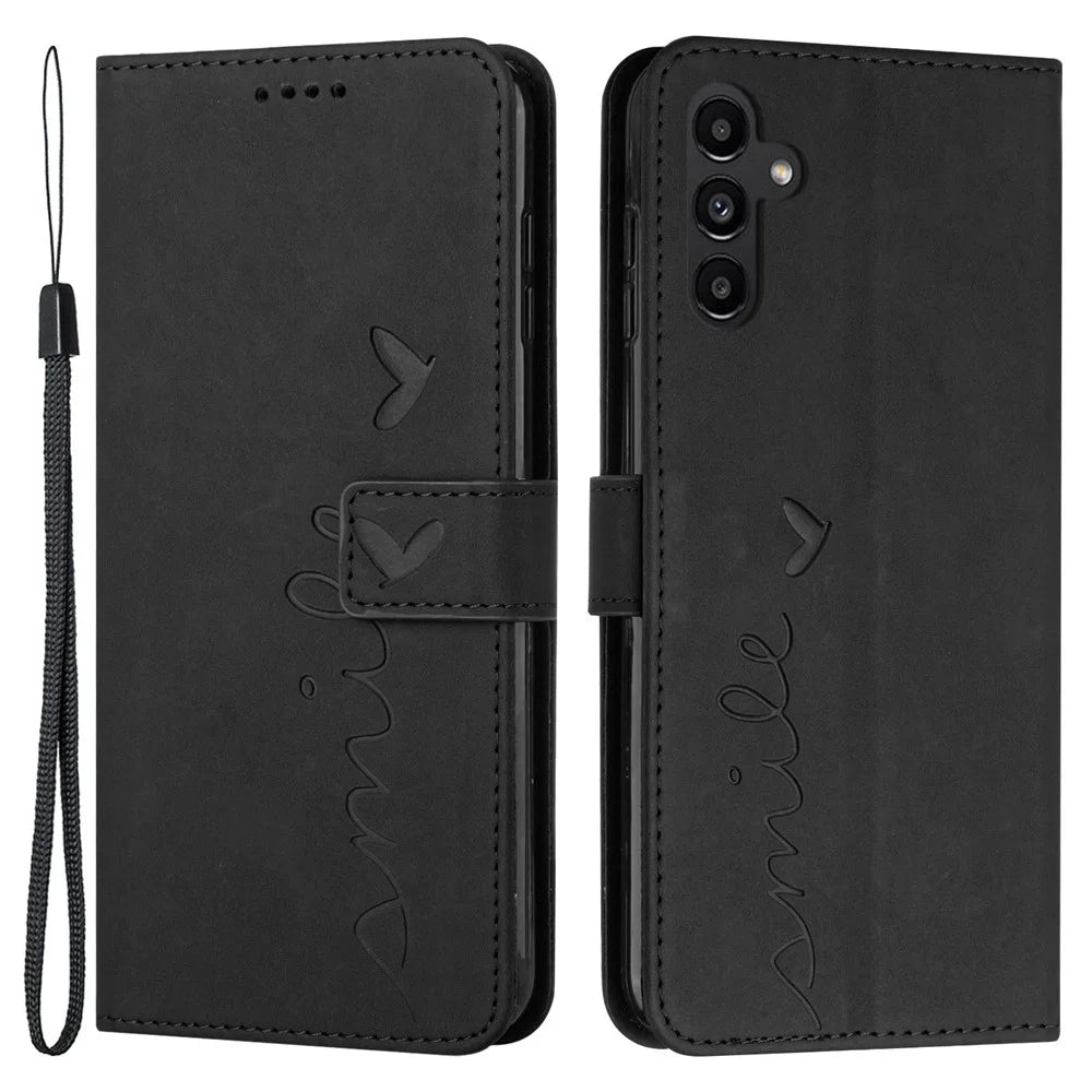 For Samsung Galaxy A54 5G Magnetic Flip Folio PU Leather Wallet Phone Case Imprinted Heart Shape Skin-touch Feeling Stand Cover with Strap - Black - 1