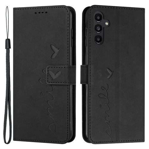 For Samsung Galaxy A54 5G Magnetic Flip Folio PU Leather Wallet Phone Case Imprinted Heart Shape Skin-touch Feeling Stand Cover with Strap - Black - 1