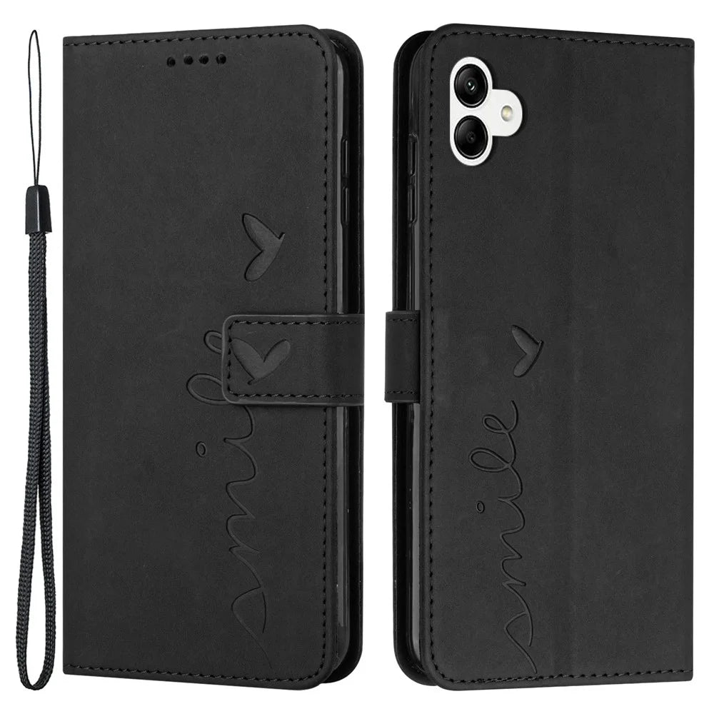 For Samsung Galaxy A04e 4G / F04 4G / M04 4G Book Style PU Leather Wallet Phone Case Imprinted Heart Shape Skin-touch Feeling Stand Cover with Strap - Black - 1