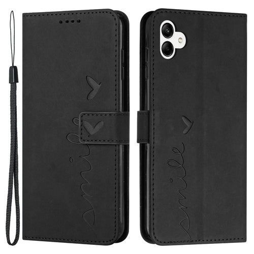 For Samsung Galaxy A04e 4G / F04 4G / M04 4G Book Style PU Leather Wallet Phone Case Imprinted Heart Shape Skin-touch Feeling Stand Cover with Strap - Black - 1