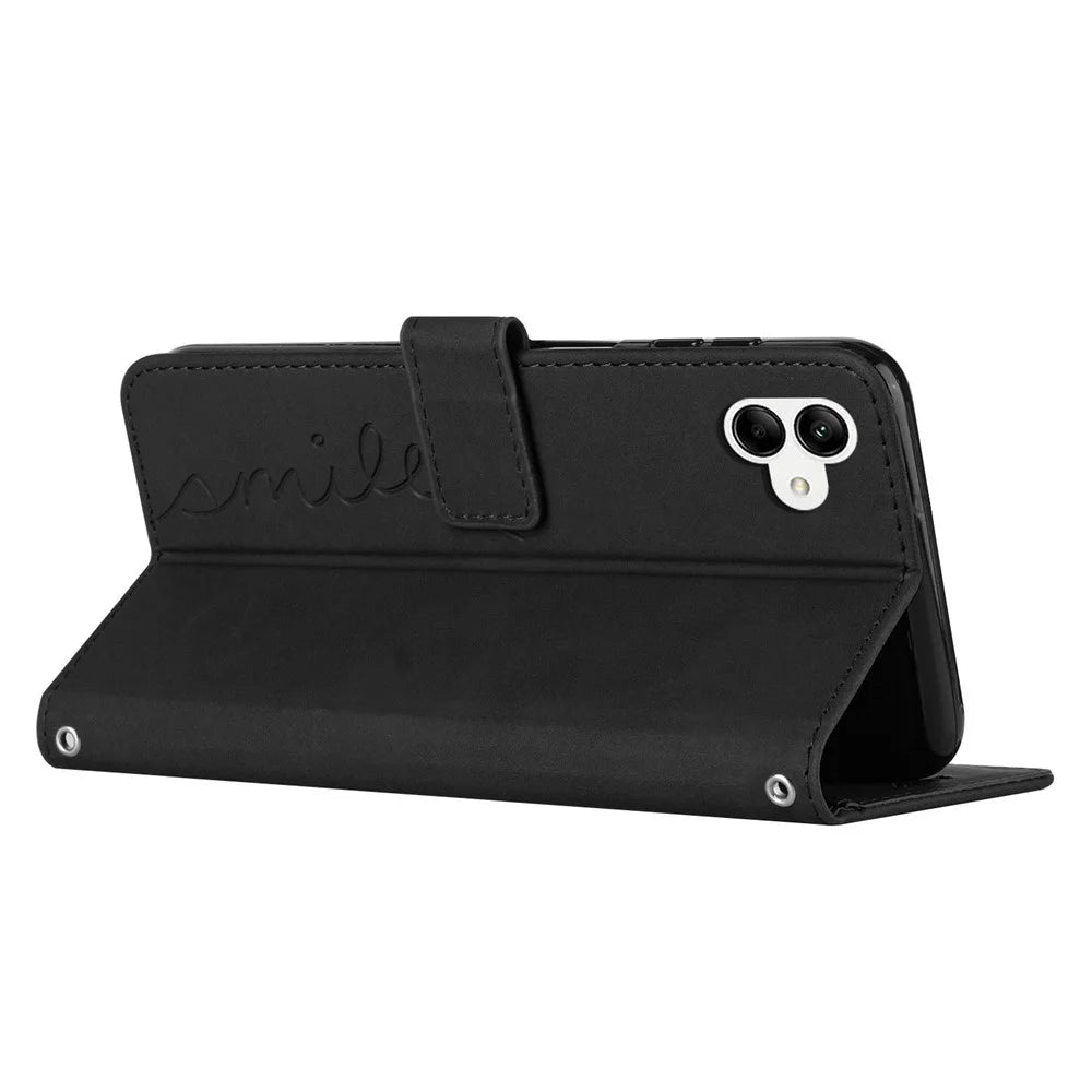 For Samsung Galaxy A04e 4G / F04 4G / M04 4G Book Style PU Leather Wallet Phone Case Imprinted Heart Shape Skin-touch Feeling Stand Cover with Strap - Black - 3
