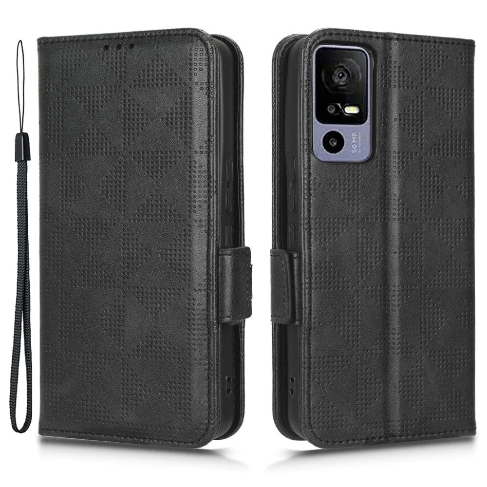 For TCL 40R 5G Imprinted Triangle Pattern PU Leather Flip Phone Wallet Case Stand Anti-wear Smartphone Cover with Hand Strap - Black - 1