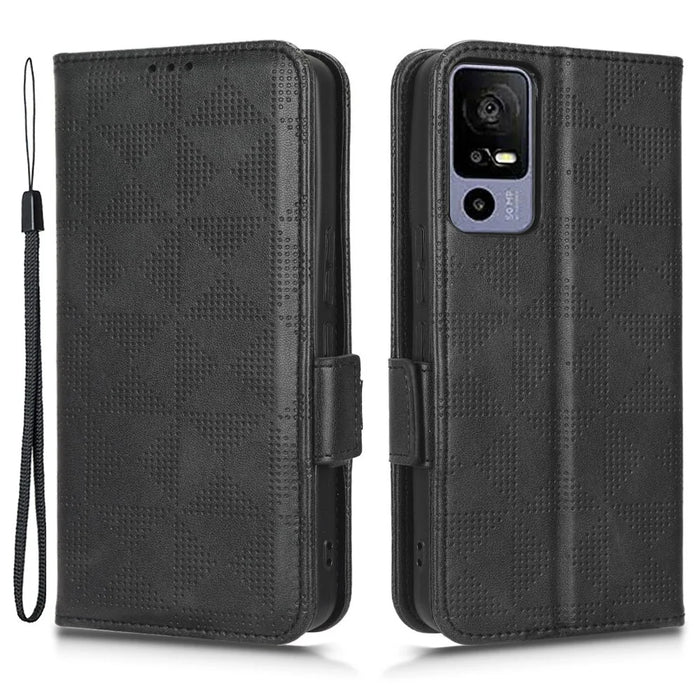 For TCL 40R 5G Imprinted Triangle Pattern PU Leather Flip Phone Wallet Case Stand Anti-wear Smartphone Cover with Hand Strap - Black - 1