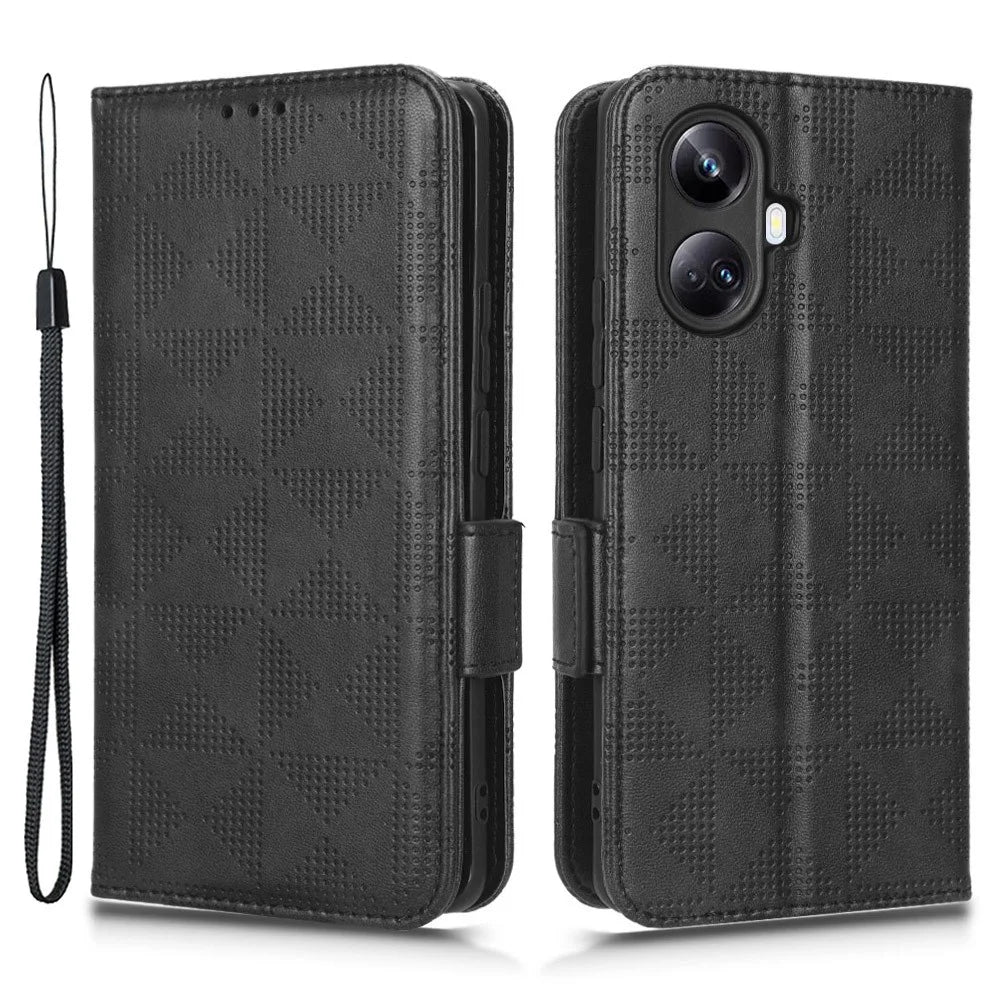 For Realme 10 Pro+ 5G PU Leather Wallet Flip Phone Case Imprinted Triangle Pattern Stand Shockproof Phone Cover with Wrist Strap - Black - 1