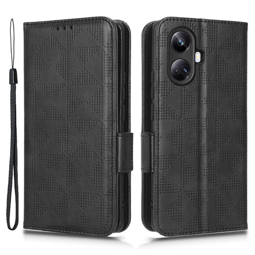 For Realme 10 Pro+ 5G PU Leather Wallet Flip Phone Case Imprinted Triangle Pattern Stand Shockproof Phone Cover with Wrist Strap - Black - 1