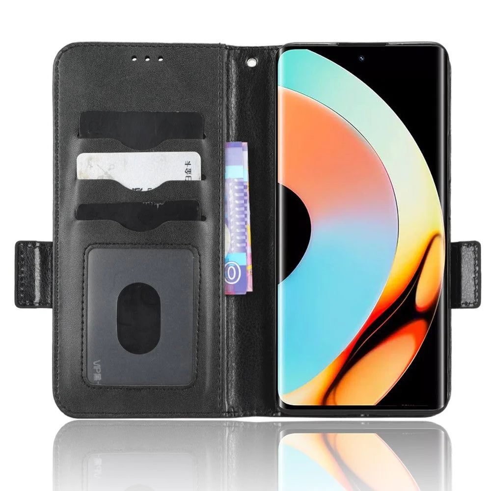 For Realme 10 Pro+ 5G PU Leather Wallet Flip Phone Case Imprinted Triangle Pattern Stand Shockproof Phone Cover with Wrist Strap - Black - 3