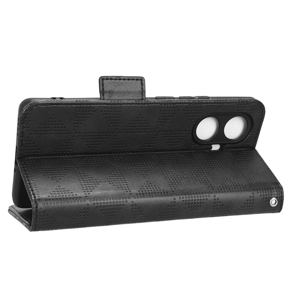 For Realme 10 Pro+ 5G PU Leather Wallet Flip Phone Case Imprinted Triangle Pattern Stand Shockproof Phone Cover with Wrist Strap - Black - 4