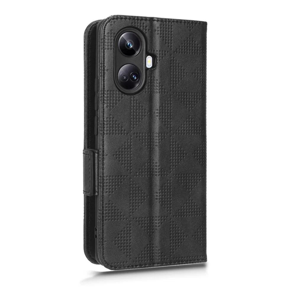 For Realme 10 Pro+ 5G PU Leather Wallet Flip Phone Case Imprinted Triangle Pattern Stand Shockproof Phone Cover with Wrist Strap - Black - 7
