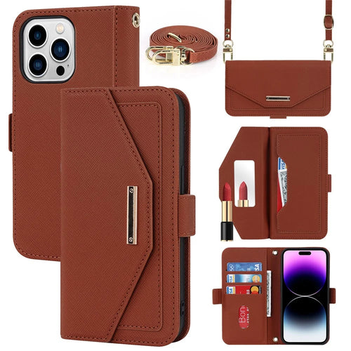 Anti-fall Phone Cover For iPhone 14 Pro Max Cross Texture PU Leather Flip Phone Case Stand Wallet with Inside Makeup Mirror and Shoulder Strap - Brown - 1