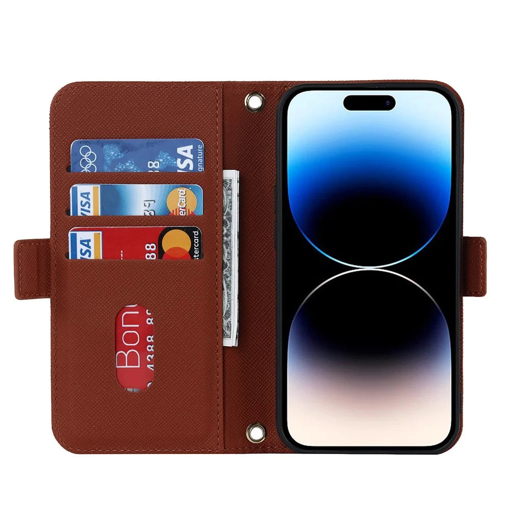 Anti-fall Phone Cover For iPhone 14 Pro Max Cross Texture PU Leather Flip Phone Case Stand Wallet with Inside Makeup Mirror and Shoulder Strap - Brown - 3