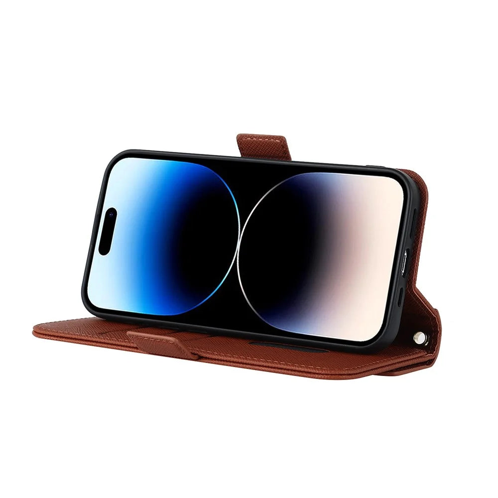 Anti-fall Phone Cover For iPhone 14 Pro Max Cross Texture PU Leather Flip Phone Case Stand Wallet with Inside Makeup Mirror and Shoulder Strap - Brown - 4