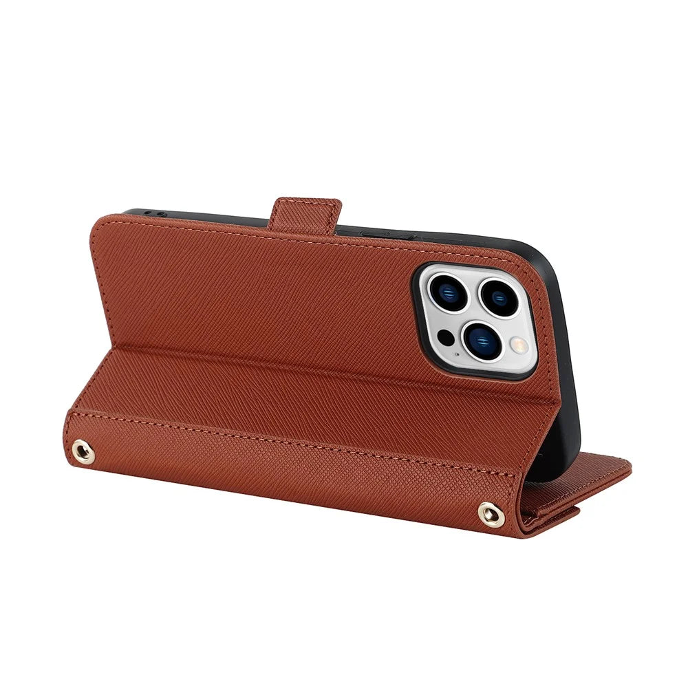 Anti-fall Phone Cover For iPhone 14 Pro Max Cross Texture PU Leather Flip Phone Case Stand Wallet with Inside Makeup Mirror and Shoulder Strap - Brown - 5