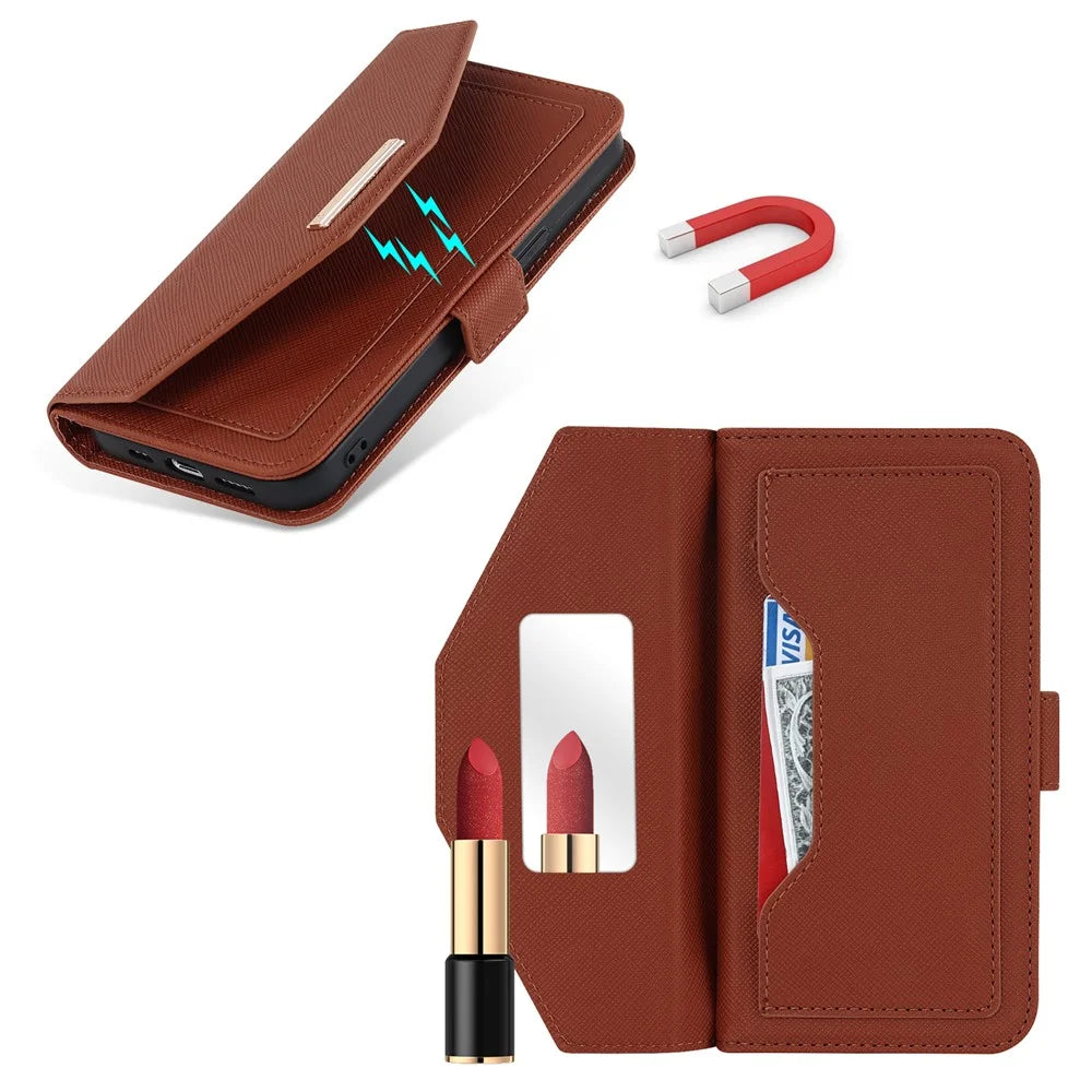 Anti-fall Phone Cover For iPhone 14 Pro Max Cross Texture PU Leather Flip Phone Case Stand Wallet with Inside Makeup Mirror and Shoulder Strap - Brown - 6