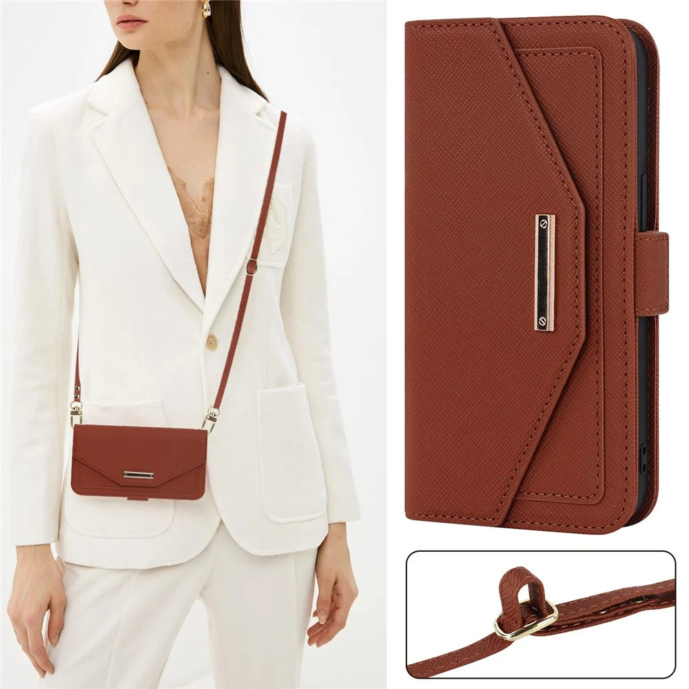 Anti-fall Phone Cover For iPhone 14 Pro Max Cross Texture PU Leather Flip Phone Case Stand Wallet with Inside Makeup Mirror and Shoulder Strap - Brown - 7