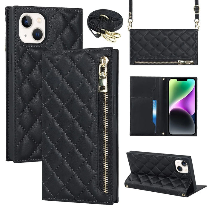 For iPhone 14 Rhombus Imprinted Phone Case PU Leather Zipper Pocket Wallet Stand Drop-proof Flip Phone Cover with Shoulder Strap - Black - 1