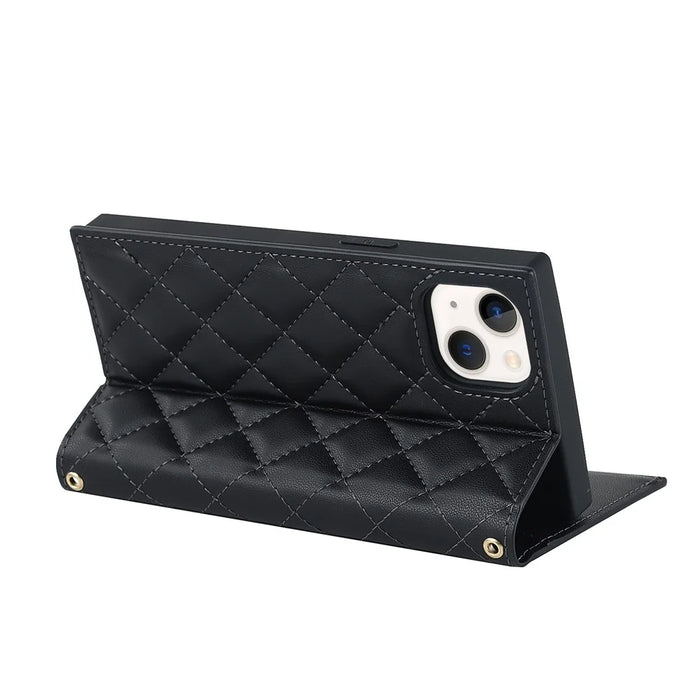 For iPhone 14 Rhombus Imprinted Phone Case PU Leather Zipper Pocket Wallet Stand Drop-proof Flip Phone Cover with Shoulder Strap - Black - 4