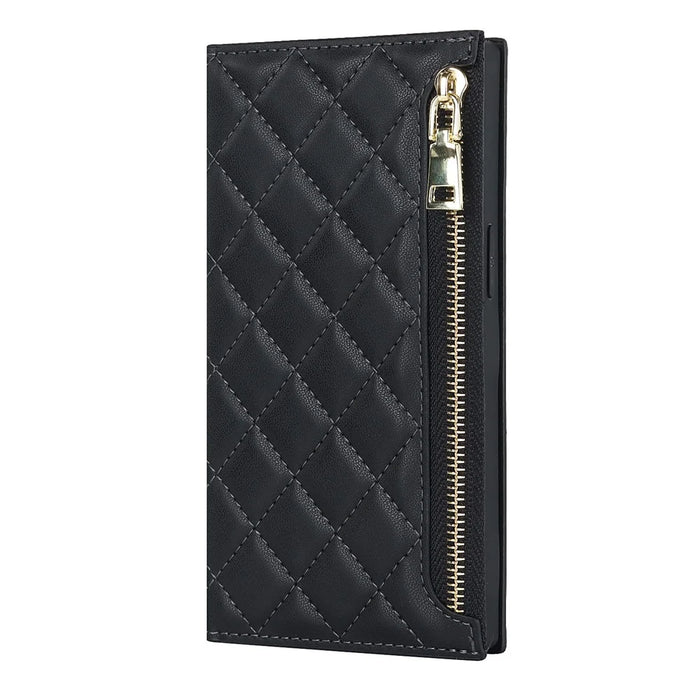 For iPhone 14 Rhombus Imprinted Phone Case PU Leather Zipper Pocket Wallet Stand Drop-proof Flip Phone Cover with Shoulder Strap - Black - 7