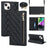 For iPhone 14 Plus Full Protection Rhombus Imprinted Phone Case Stand PU Leather Zipper Pocket Flip Wallet Cover with Shoulder Strap - Black - 1