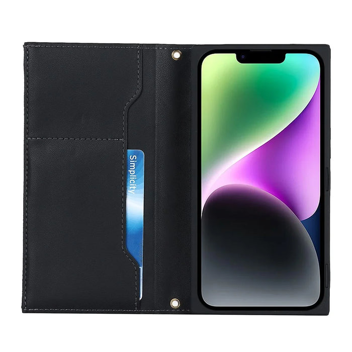 For iPhone 14 Plus Full Protection Rhombus Imprinted Phone Case Stand PU Leather Zipper Pocket Flip Wallet Cover with Shoulder Strap - Black - 2