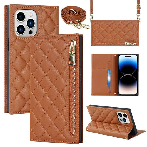 Cell Phone Cover For iPhone 14 Pro, PU Leather Zipper Pocket Wallet Stand Protective  Rhombus Imprinted Phone Case with Shoulder Strap - Brown - 1