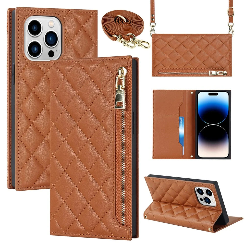 Cell Phone Cover For iPhone 14 Pro, PU Leather Zipper Pocket Wallet Stand Protective  Rhombus Imprinted Phone Case with Shoulder Strap - Brown - 1