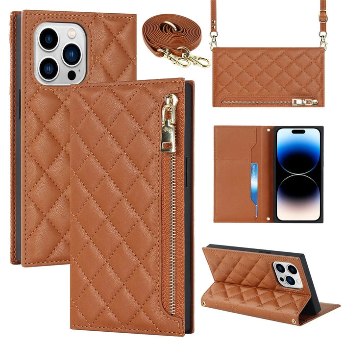 Cell Phone Cover For iPhone 14 Pro, PU Leather Zipper Pocket Wallet Stand Protective  Rhombus Imprinted Phone Case with Shoulder Strap - Brown - 1