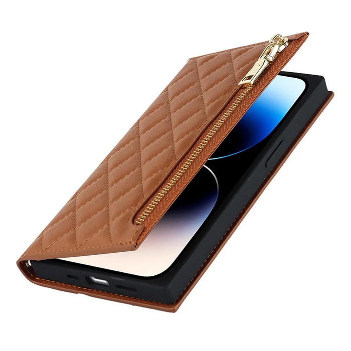 Cell Phone Cover For iPhone 14 Pro, PU Leather Zipper Pocket Wallet Stand Protective  Rhombus Imprinted Phone Case with Shoulder Strap - Brown - 6