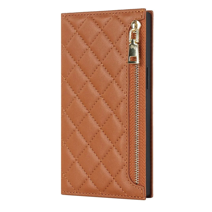 Cell Phone Cover For iPhone 14 Pro, PU Leather Zipper Pocket Wallet Stand Protective  Rhombus Imprinted Phone Case with Shoulder Strap - Brown - 7