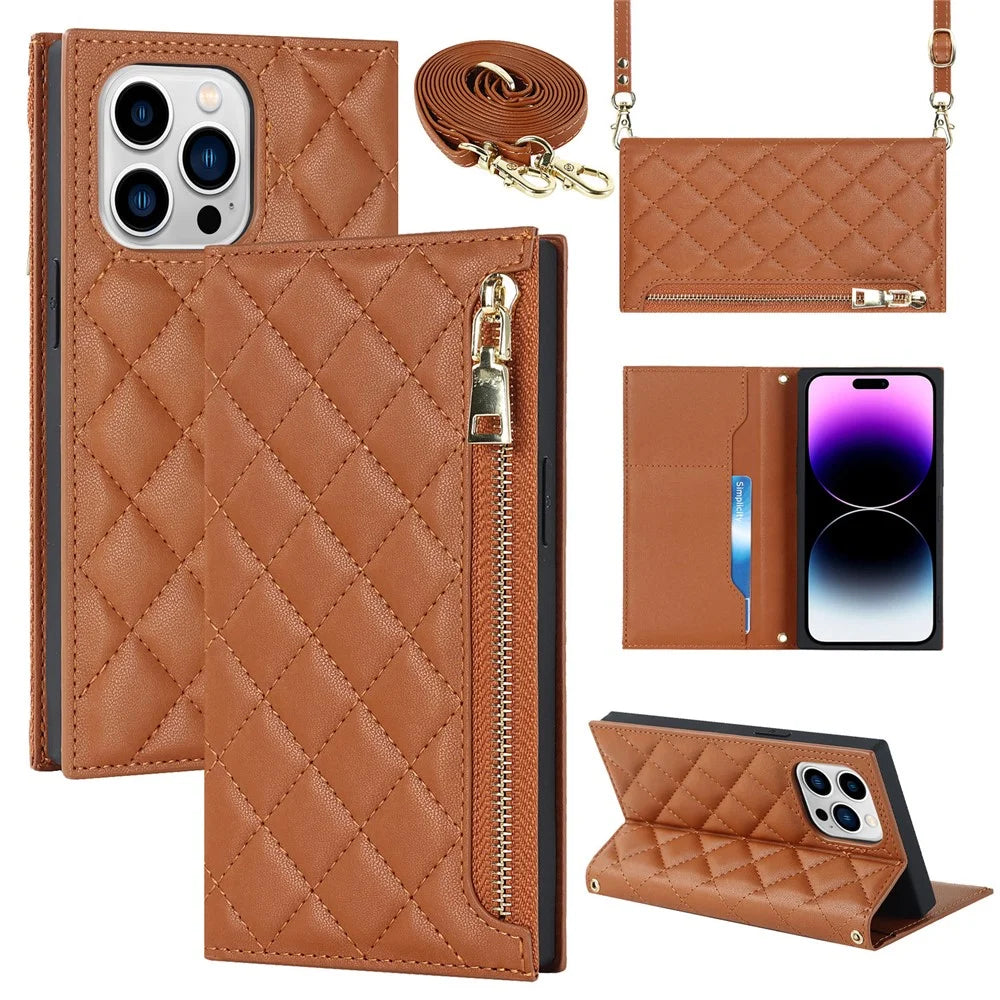 For iPhone 14 Pro Max Imprinted Rhombus Texture PU Leather Zipper Pocket Phone Case Wallet Stand Full Protection Flip Phone Cover with Long Strap - Brown - 1