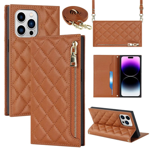For iPhone 14 Pro Max Imprinted Rhombus Texture PU Leather Zipper Pocket Phone Case Wallet Stand Full Protection Flip Phone Cover with Long Strap - Brown - 1