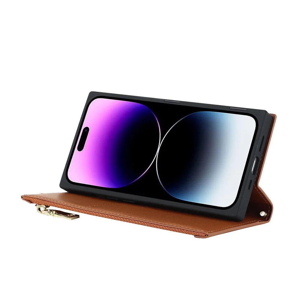 For iPhone 14 Pro Max Imprinted Rhombus Texture PU Leather Zipper Pocket Phone Case Wallet Stand Full Protection Flip Phone Cover with Long Strap - Brown - 3