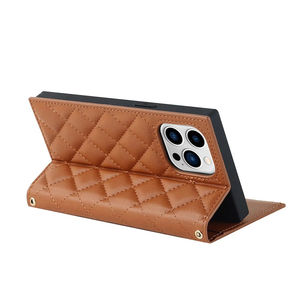 For iPhone 14 Pro Max Imprinted Rhombus Texture PU Leather Zipper Pocket Phone Case Wallet Stand Full Protection Flip Phone Cover with Long Strap - Brown - 4