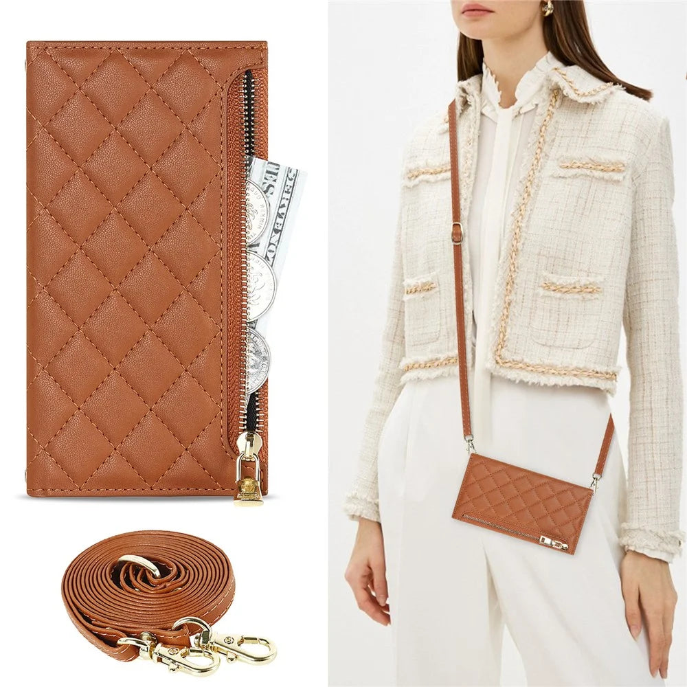 For iPhone 14 Pro Max Imprinted Rhombus Texture PU Leather Zipper Pocket Phone Case Wallet Stand Full Protection Flip Phone Cover with Long Strap - Brown - 5