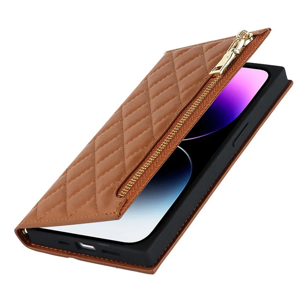 For iPhone 14 Pro Max Imprinted Rhombus Texture PU Leather Zipper Pocket Phone Case Wallet Stand Full Protection Flip Phone Cover with Long Strap - Brown - 6