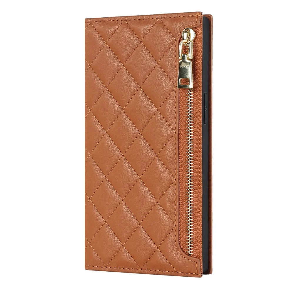 For iPhone 14 Pro Max Imprinted Rhombus Texture PU Leather Zipper Pocket Phone Case Wallet Stand Full Protection Flip Phone Cover with Long Strap - Brown - 7