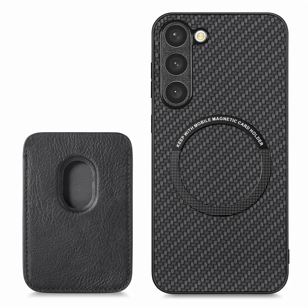 For Samsung Galaxy S23+ Carbon Fiber Texture Magnetic Detachable 2-in-1 Phone Case PU Leather + TPU + PVC Anti-drop Cover with Card Holder - Black - 4