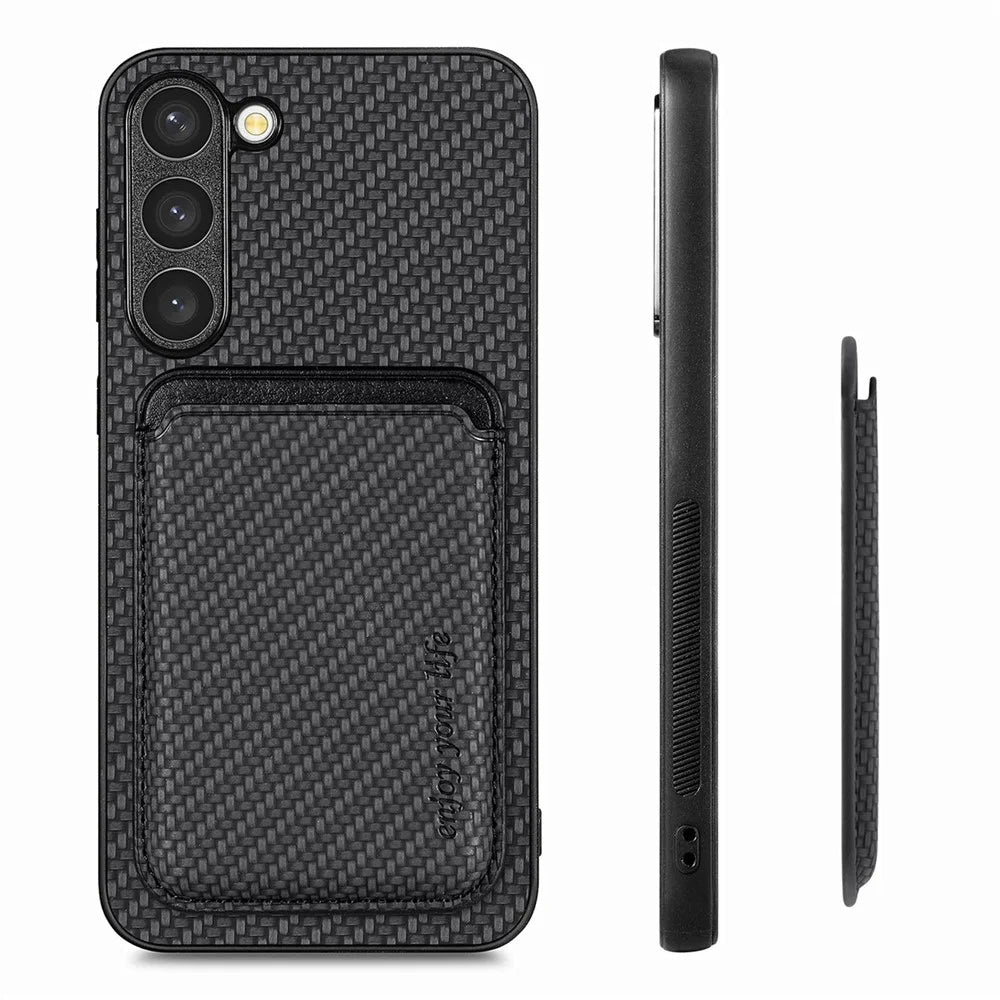 For Samsung Galaxy S23+ Carbon Fiber Texture Magnetic Detachable 2-in-1 Phone Case PU Leather + TPU + PVC Anti-drop Cover with Card Holder - Black - 5