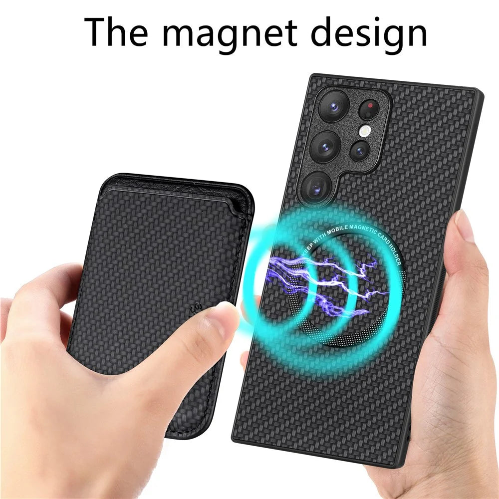 For Samsung Galaxy S23 Ultra Carbon Fiber Texture 2-in-1 Detachable Phone Case Card Holder PU Leather + TPU + PVC Hybrid Cover - Black - 2