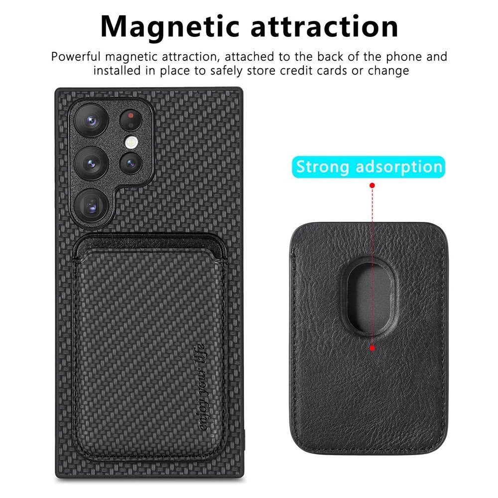 For Samsung Galaxy S23 Ultra Carbon Fiber Texture 2-in-1 Detachable Phone Case Card Holder PU Leather + TPU + PVC Hybrid Cover - Black - 3