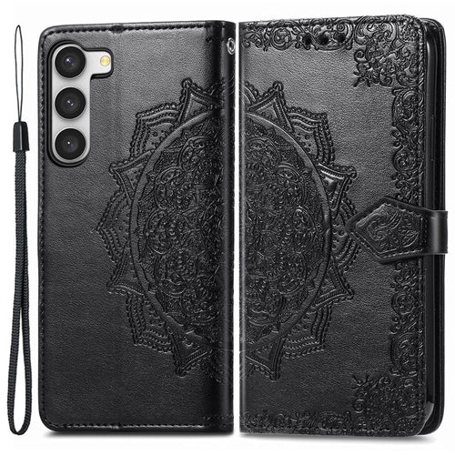 For Samsung Galaxy S23 Mandala Pattern Embossed PU Wallet Folio Case Stand Shockproof Protection Cover with Strap - Black - 1