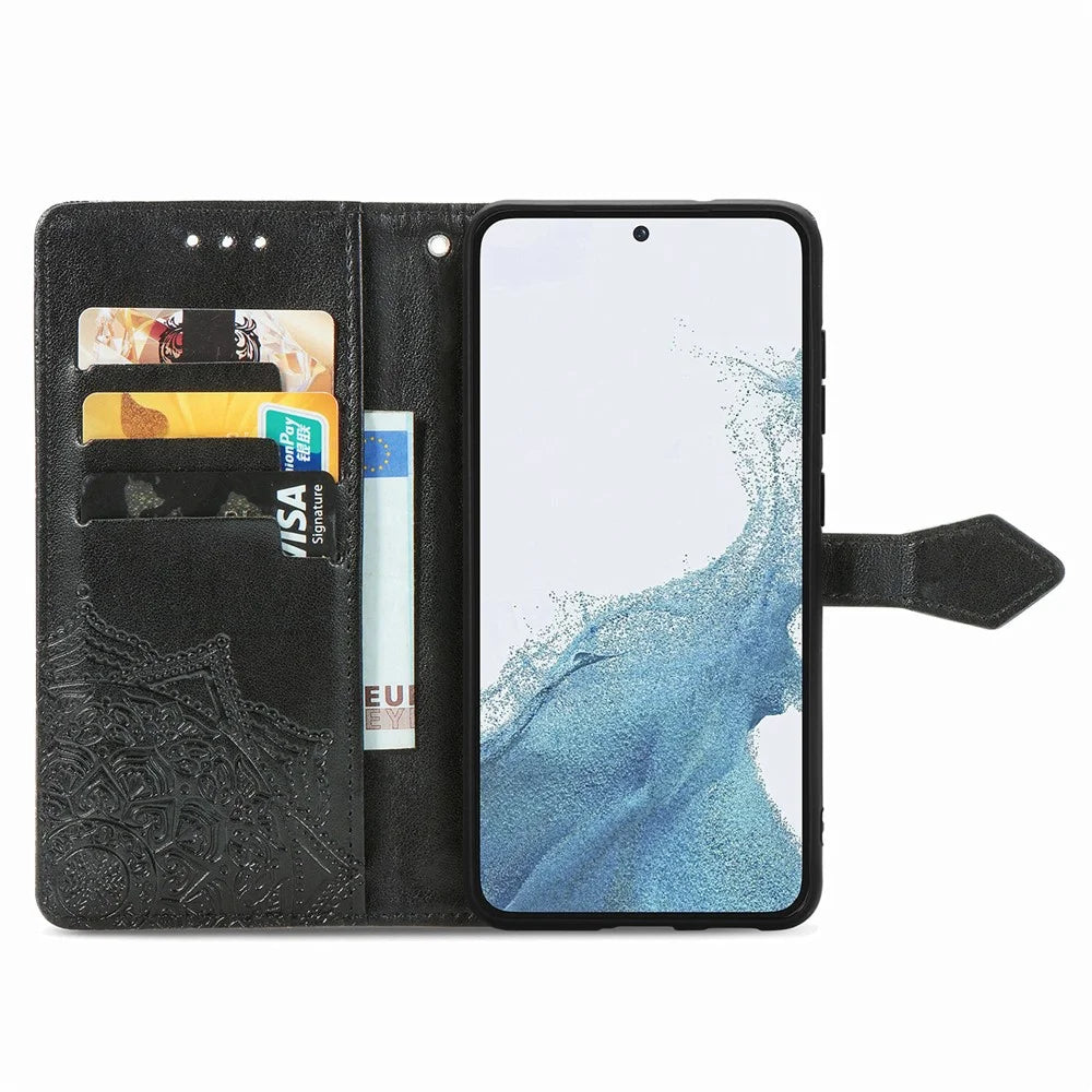 For Samsung Galaxy S23 Mandala Pattern Embossed PU Wallet Folio Case Stand Shockproof Protection Cover with Strap - Black - 2