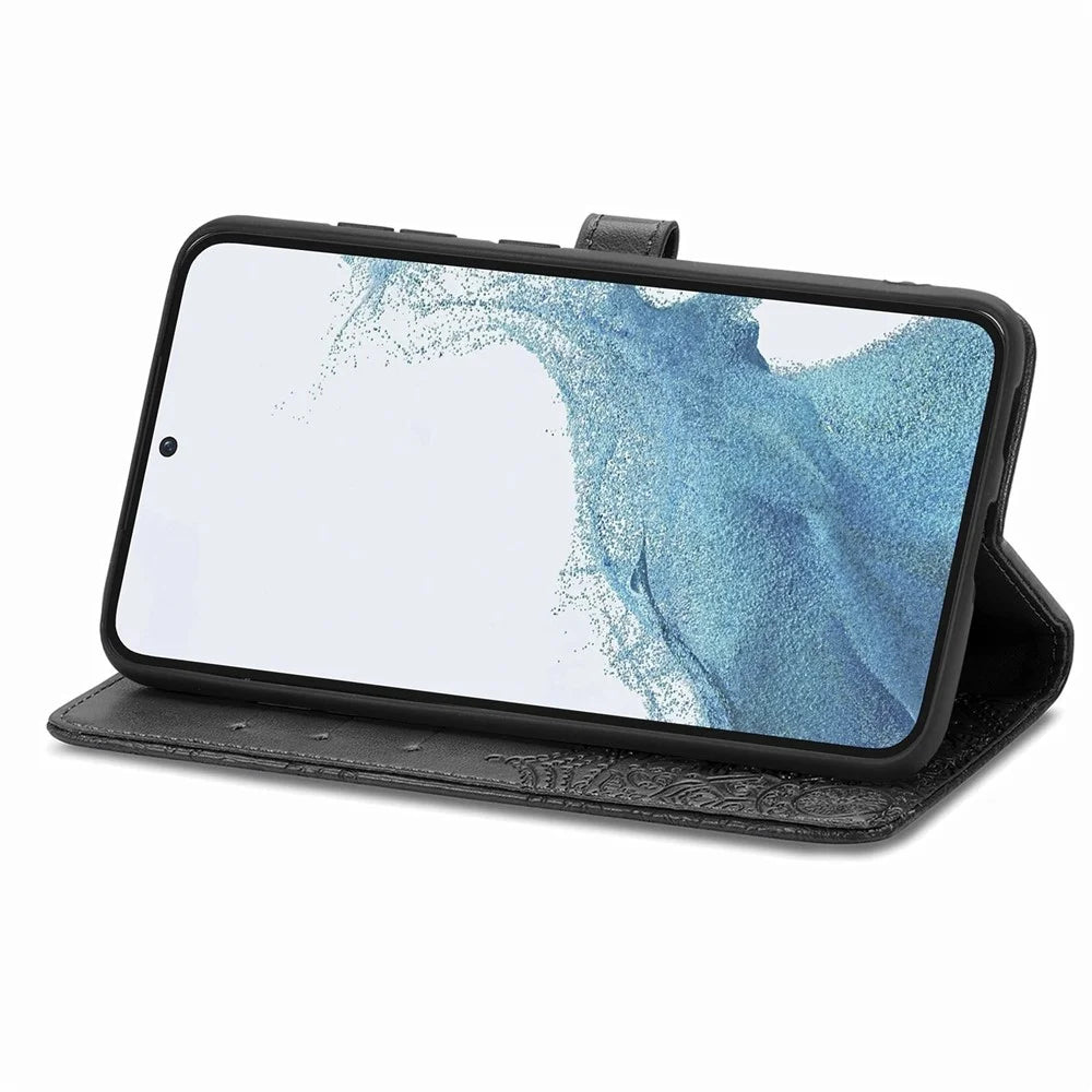 For Samsung Galaxy S23 Mandala Pattern Embossed PU Wallet Folio Case Stand Shockproof Protection Cover with Strap - Black - 3