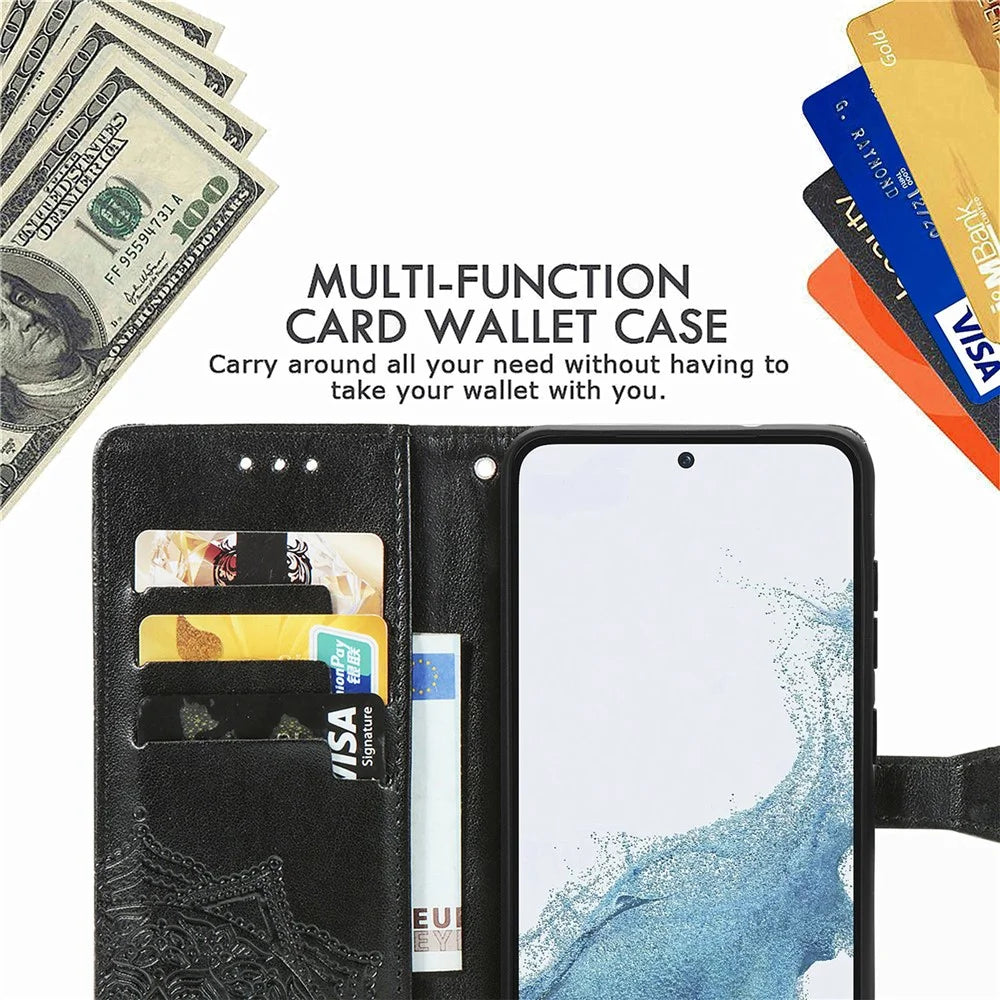 For Samsung Galaxy S23 Mandala Pattern Embossed PU Wallet Folio Case Stand Shockproof Protection Cover with Strap - Black - 4