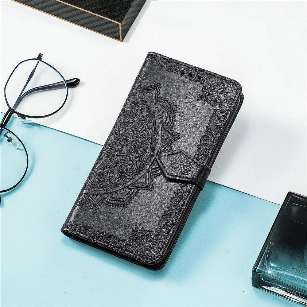 For Samsung Galaxy S23 Mandala Pattern Embossed PU Wallet Folio Case Stand Shockproof Protection Cover with Strap - Black - 5