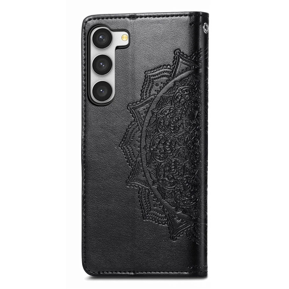 For Samsung Galaxy S23 Mandala Pattern Embossed PU Wallet Folio Case Stand Shockproof Protection Cover with Strap - Black - 7