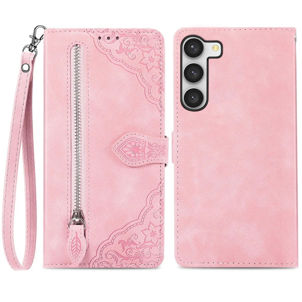 For Samsung Galaxy S23 Zipper Wallet Case with Strap Flower Imprint PU Leather Phone Cover - Pink - 1