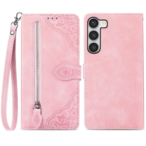 For Samsung Galaxy S23 Zipper Wallet Case with Strap Flower Imprint PU Leather Phone Cover - Pink - 1